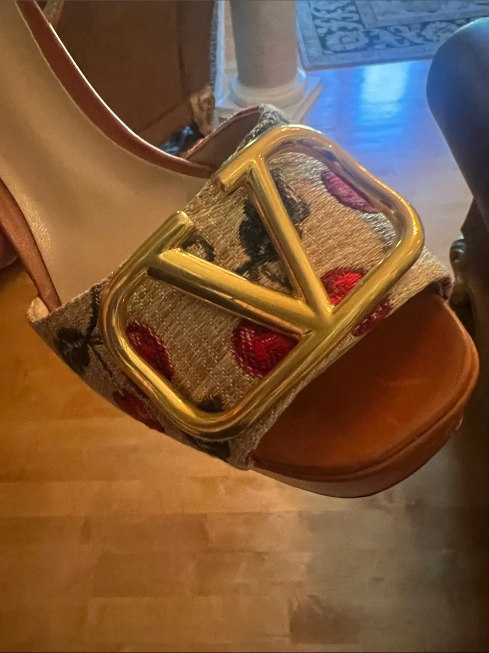 Valentino Garavani Brown Leather Slingback Sandals with Red Cherry Embroidery